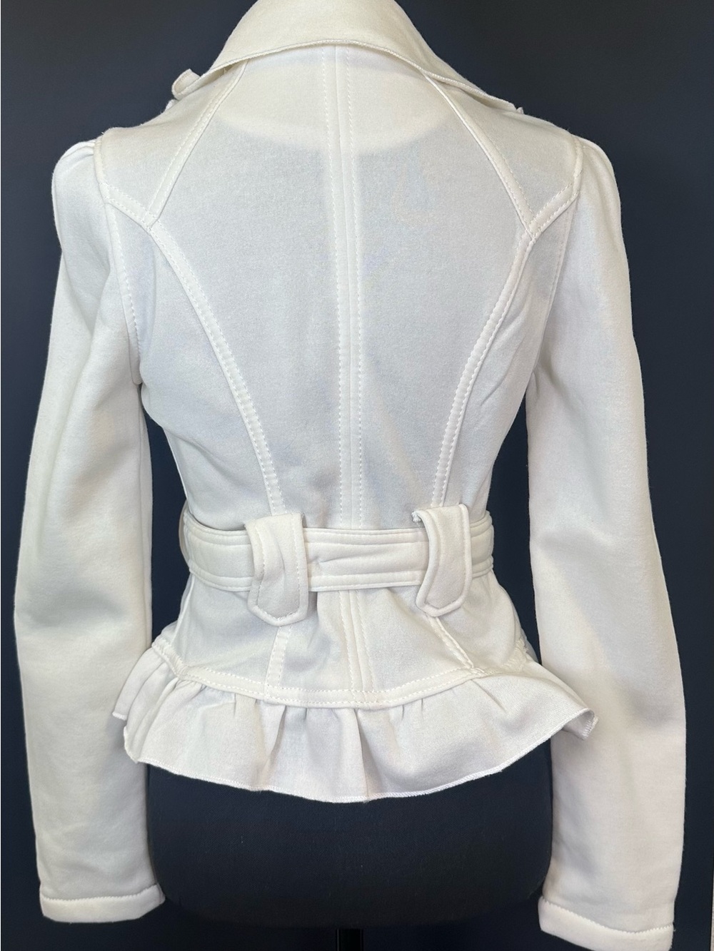 #219- Women's Cream Ruffle-Waist Tie Jacket - Picture 7 of 9